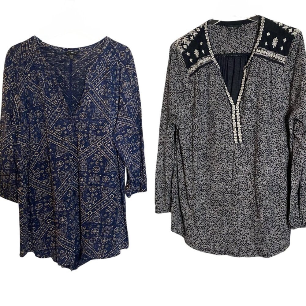 (2) Lucky Brand tunic tops blouse navy and black size 2X V neck - Picture 2 of 7